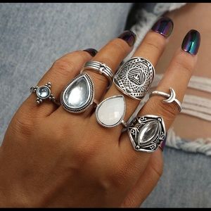 3/$40 7pcs/Set Vintage Antique Silver Opal Ring Set